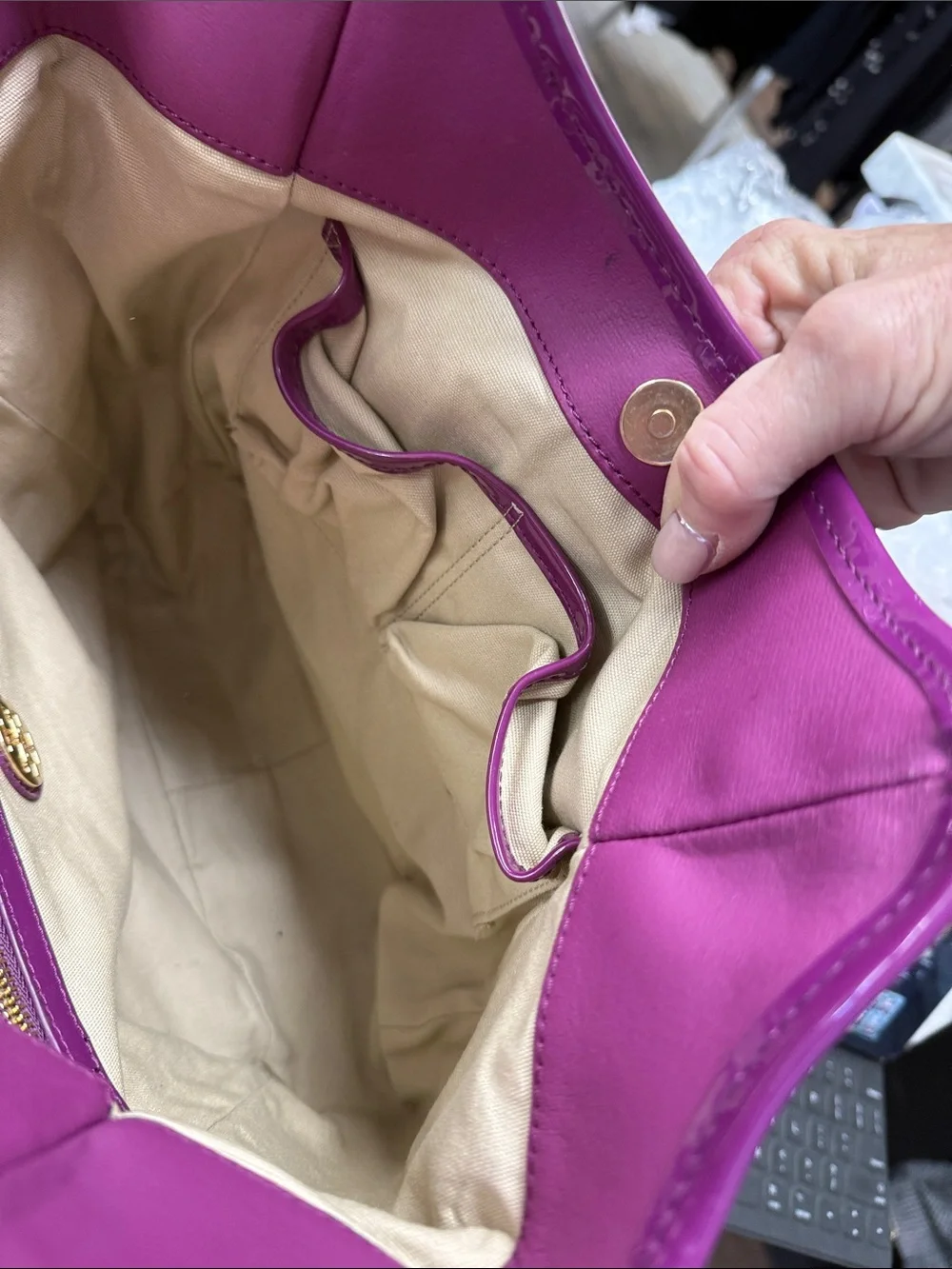 Tory Burch Fuchsia Pink Patent Leather Strap and Logo with Coated Canvas Tote